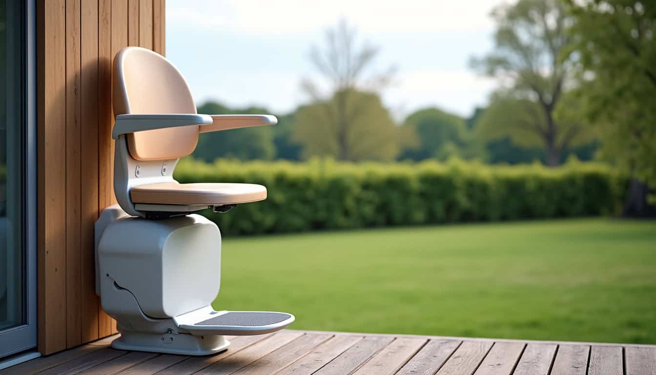 Monte-escalier extérieur installé sur une terrasse à Vatteville-la-Rue, adapté aux accès surélevés