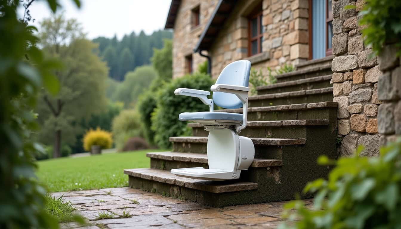 Monte-escalier extérieur résistant aux intempéries installé dans une propriété à Les Portes du Coglais