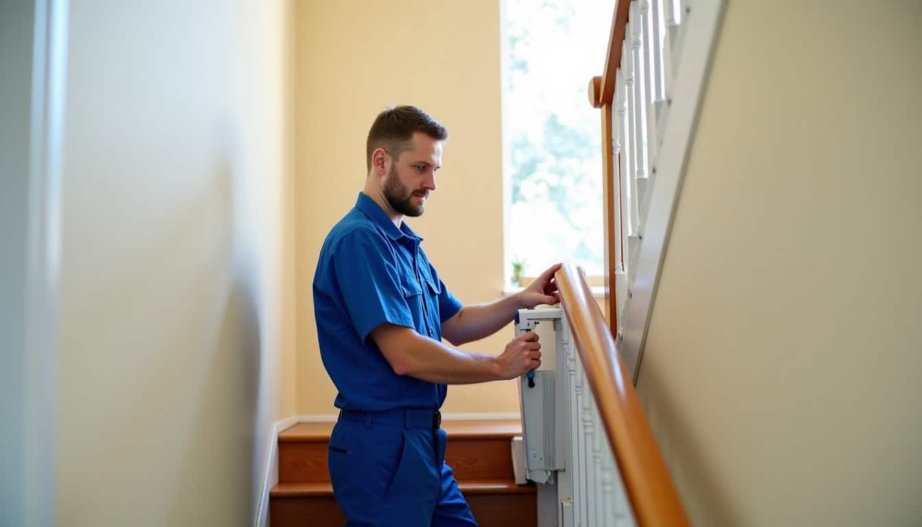 Technicien en train d'installer un monte-escalier dans une maison à Fontaines-sur-Saône