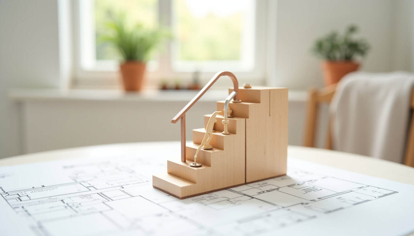 Vue d'un monte-escalier tournant franchissant un palier intermédiaire dans une habitation de Fontenay-en-Parisis