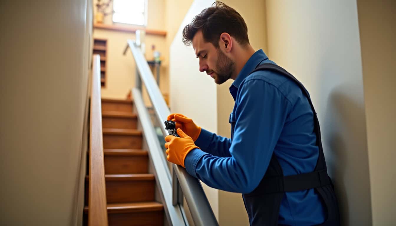 Technicien en train d'installer un monte-escalier dans une maison à Frouzins