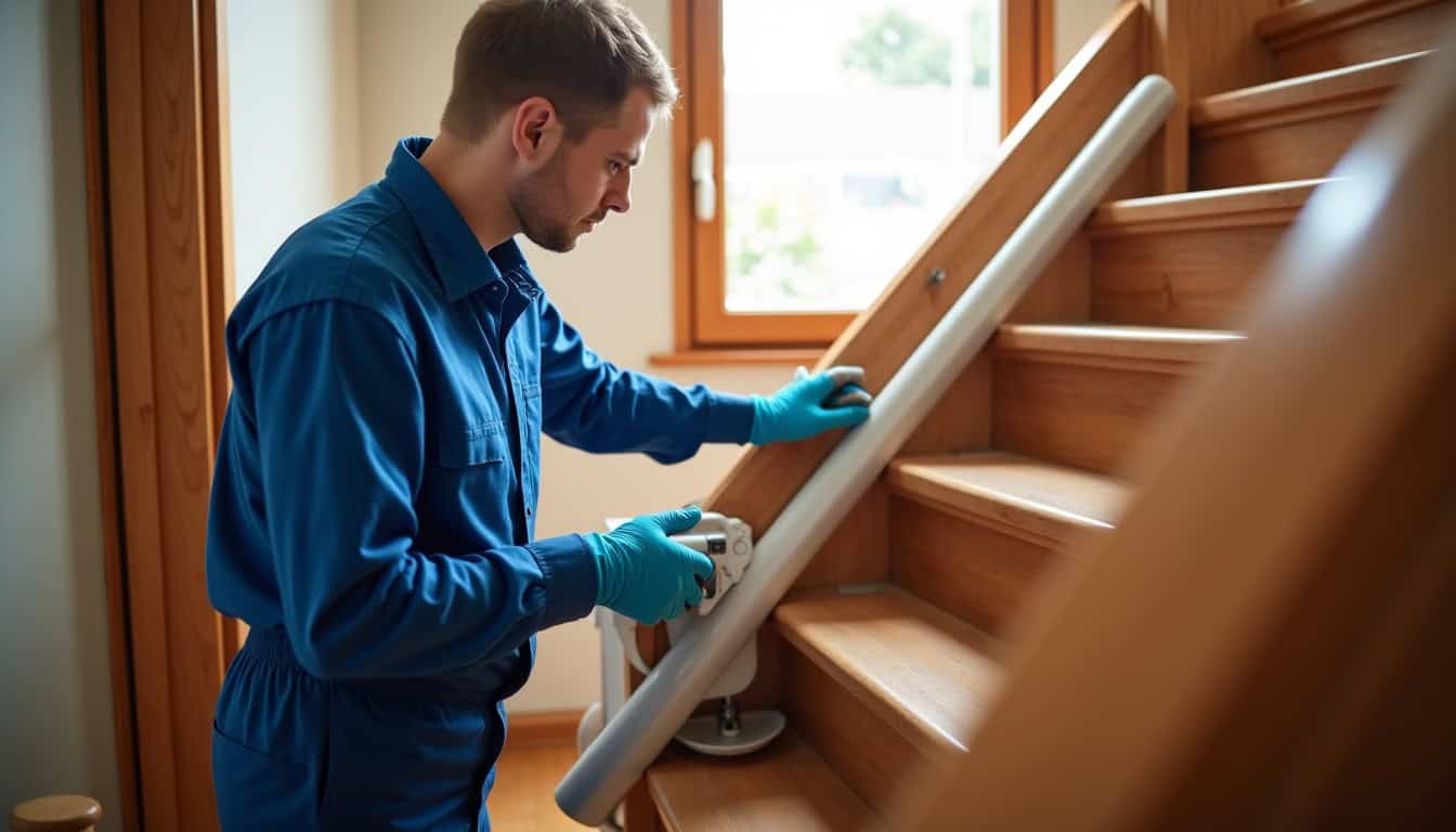 Technicien en train d’installer un monte-escalier dans une habitation à Golfech
