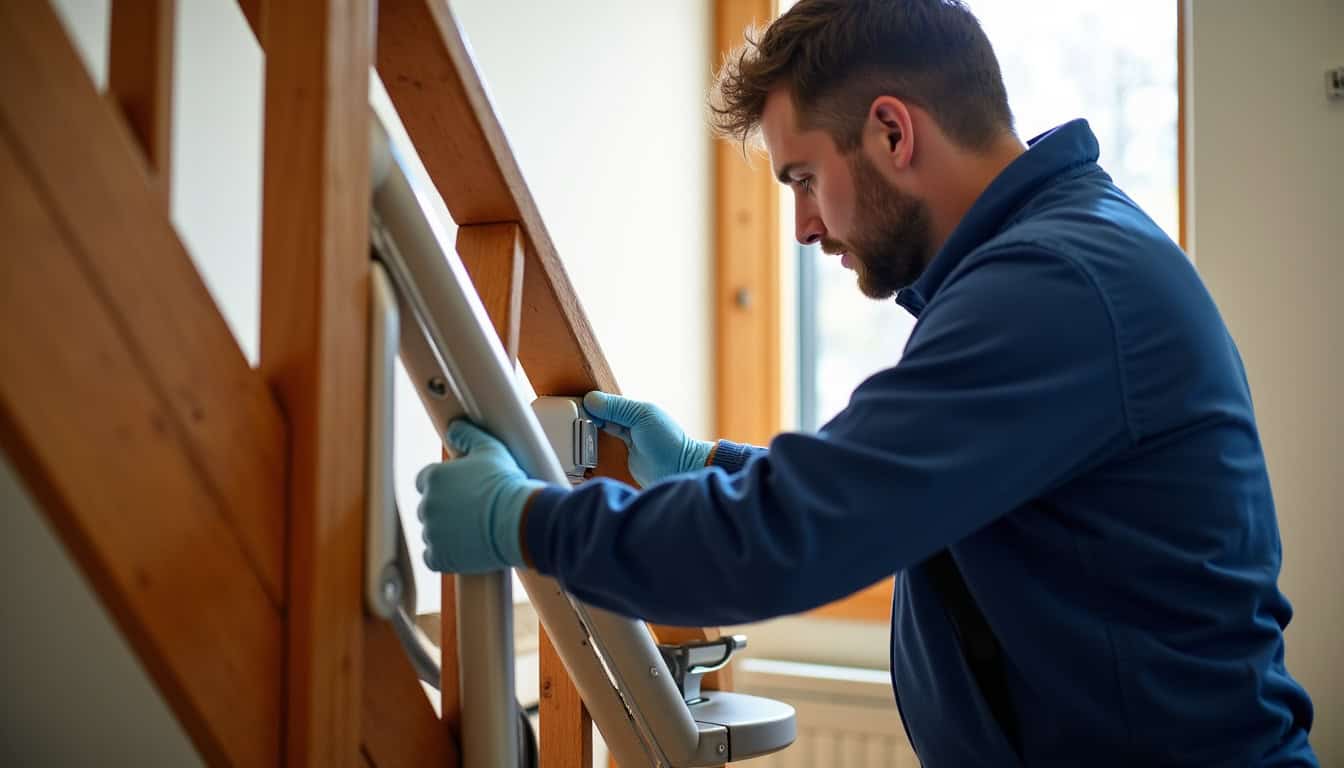 Technicien en train d’installer un monte-escalier chez un particulier à Grendelbruch