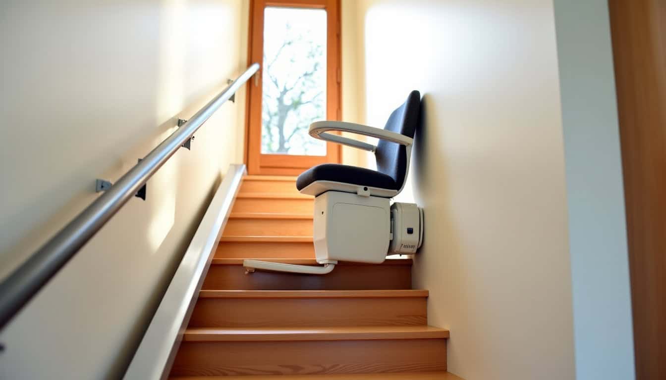 Monte-escalier droit installé sur un escalier rectiligne dans une maison à Hénouville, avec rail en aluminium et siège ergonomique en tissu gris foncé