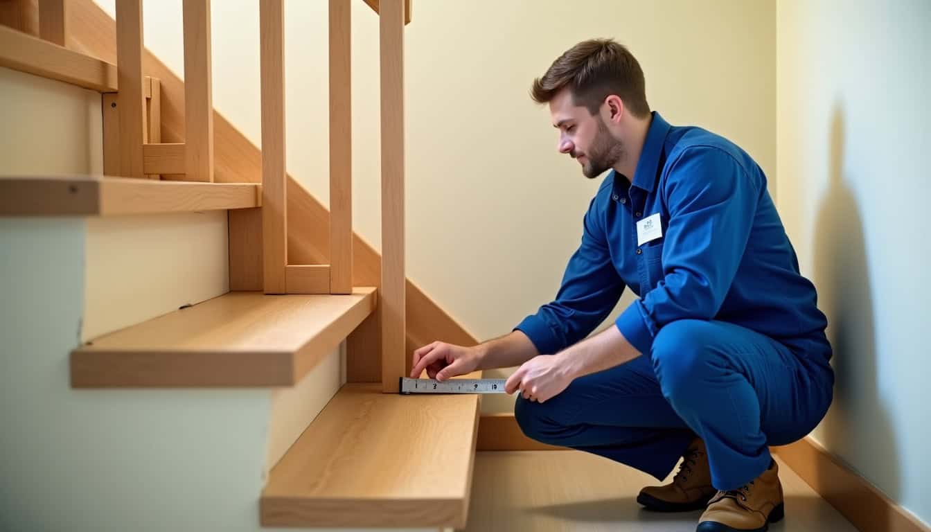 Technicien en uniforme vérifiant les mesures d'un monte-escalier tournant sur un escalier en bois dans une maison typique de Hénouville, avec un appareil de mesure laser