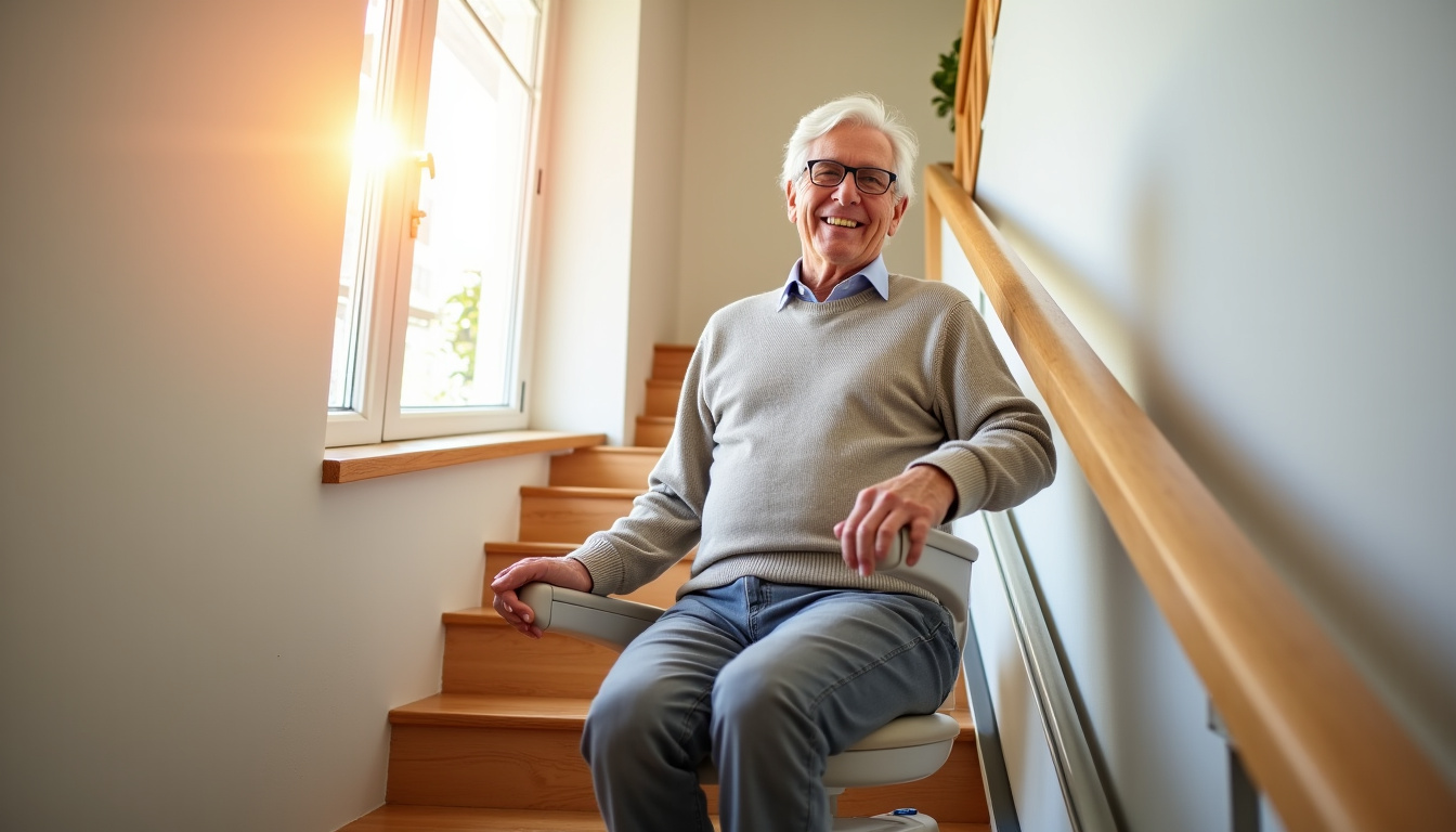 Portrait d’un habitant d’Igney utilisant son monte-escalier avec satisfaction
