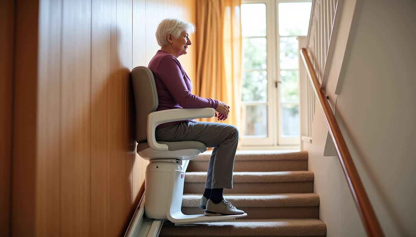 Monte-escalier installé à l’intérieur d’une maison à Ris-Orangis, en cours d’utilisation