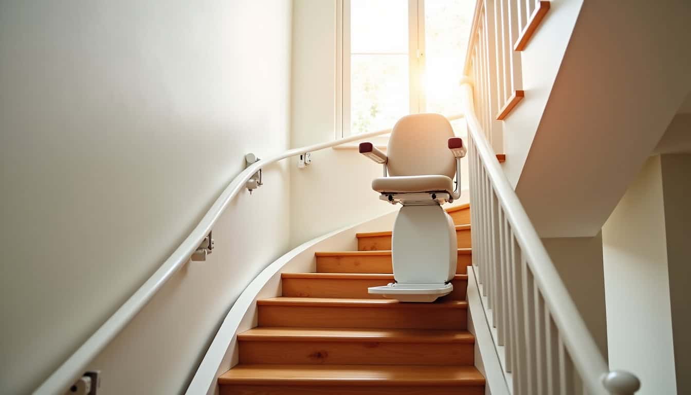 Monte-escalier installé dans un escalier intérieur à Forges, offrant une solution de mobilité pour rester chez soi