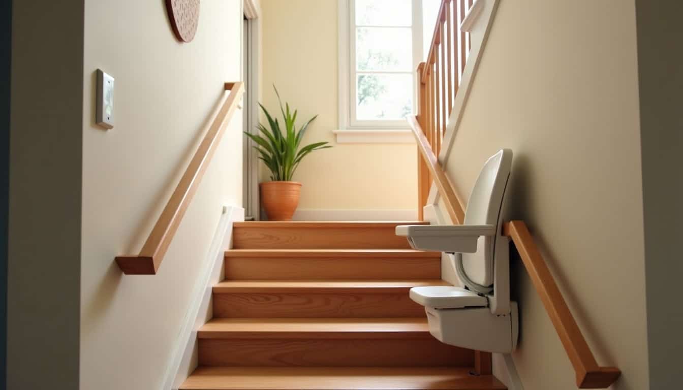 Monte-escalier installé dans un escalier intérieur, intégré harmonieusement à la décoration