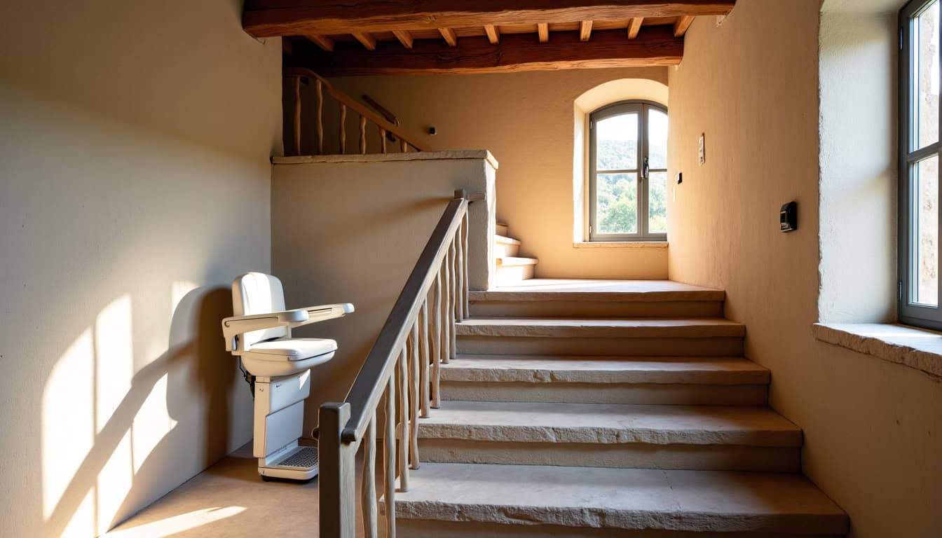 Monte-escalier installé dans un mas provençal à Lançon-Provence avec escalier en pierre et poutres apparentes