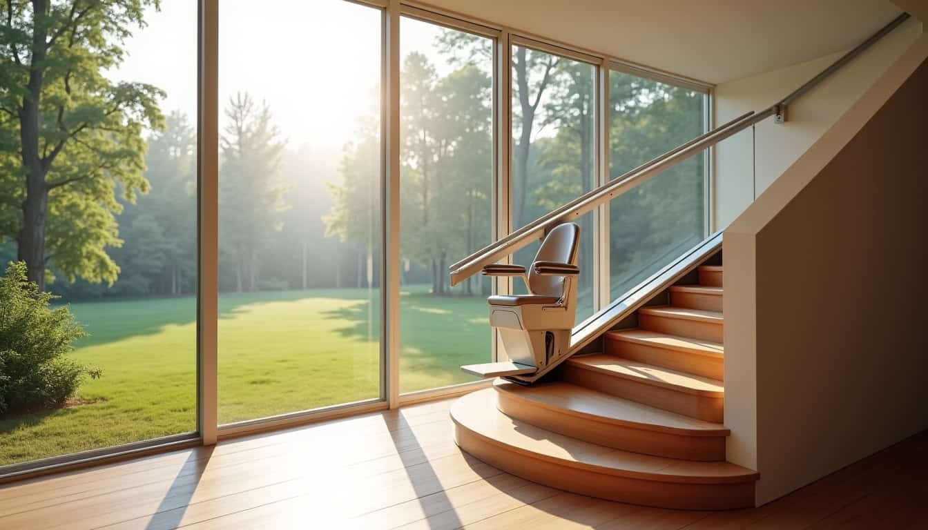 Monte-escalier installé dans une maison à Brindas avec vue sur le parc de Lacroix-Laval