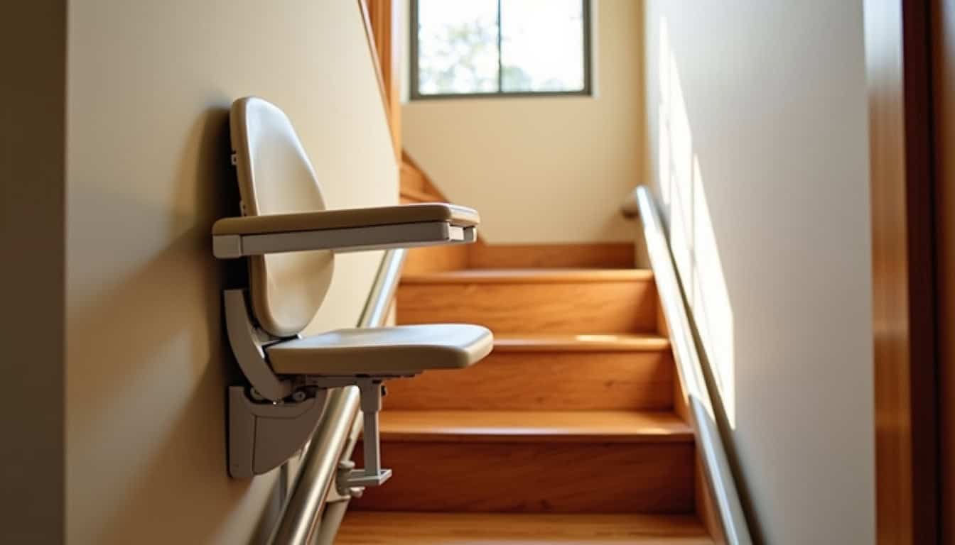 Monte-escalier installé dans une maison à Granville, escalier intérieur avec siège en position repliée