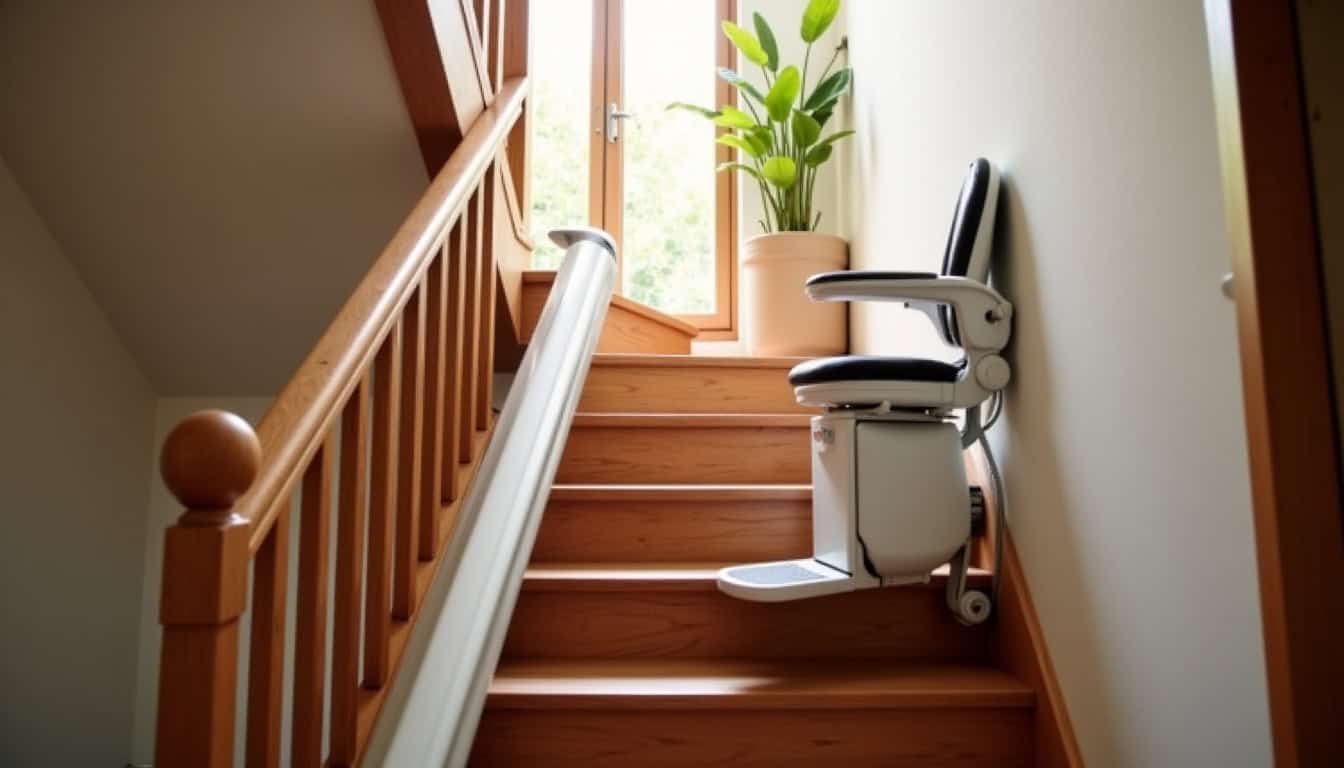 Monte-escalier installé dans une maison à Rochechouart, vu depuis l