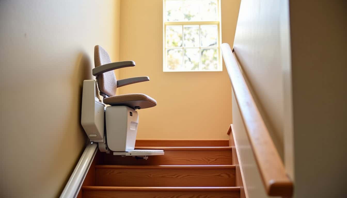 Monte-escalier installé dans une maison à Saint-Symphorien, rail fixé sur les marches sans toucher aux murs