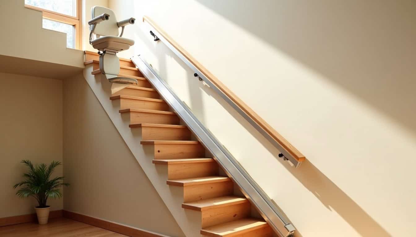Monte-escalier installé dans une maison à Tourville-sur-Arques, vue intérieure d’un escalier droit équipé