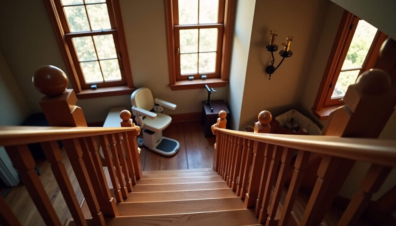 Monte-escalier installé dans une maison ancienne à Durtol, sur un escalier en bois avec vue sur le salon en contrebas