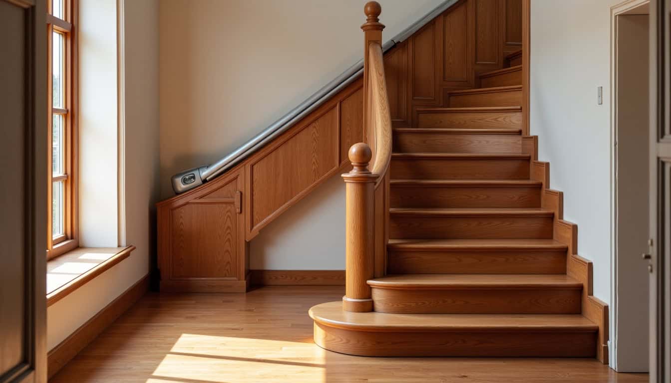 Monte-escalier installé dans une maison ancienne à Nivelle avec escalier en bois