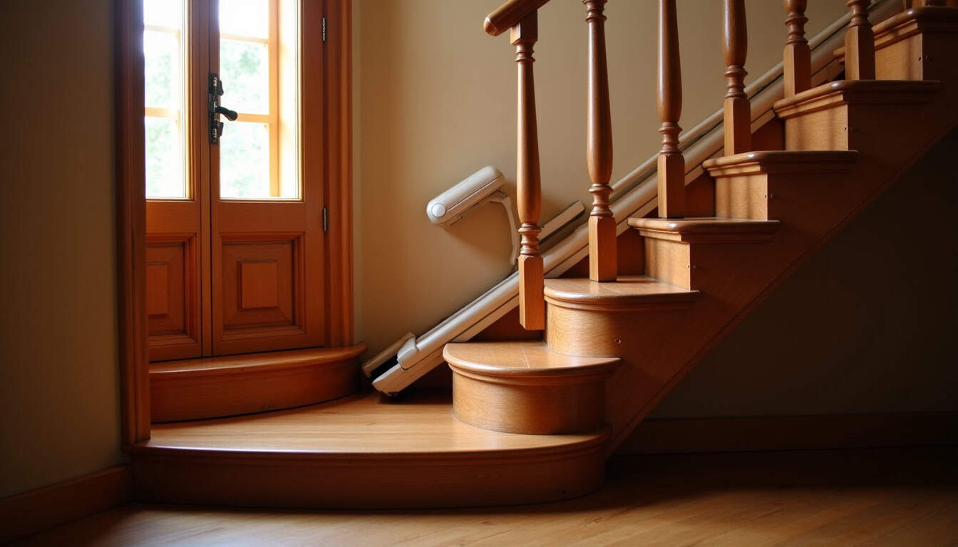Monte-escalier installé dans une maison ancienne à Oberbronn, intégré à un escalier en bois traditionnel