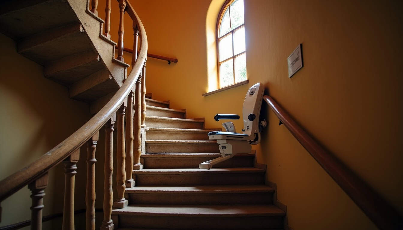 Monte-escalier installé dans une maison ancienne à Plappeville avec escalier en colimaçon et architecture traditionnelle