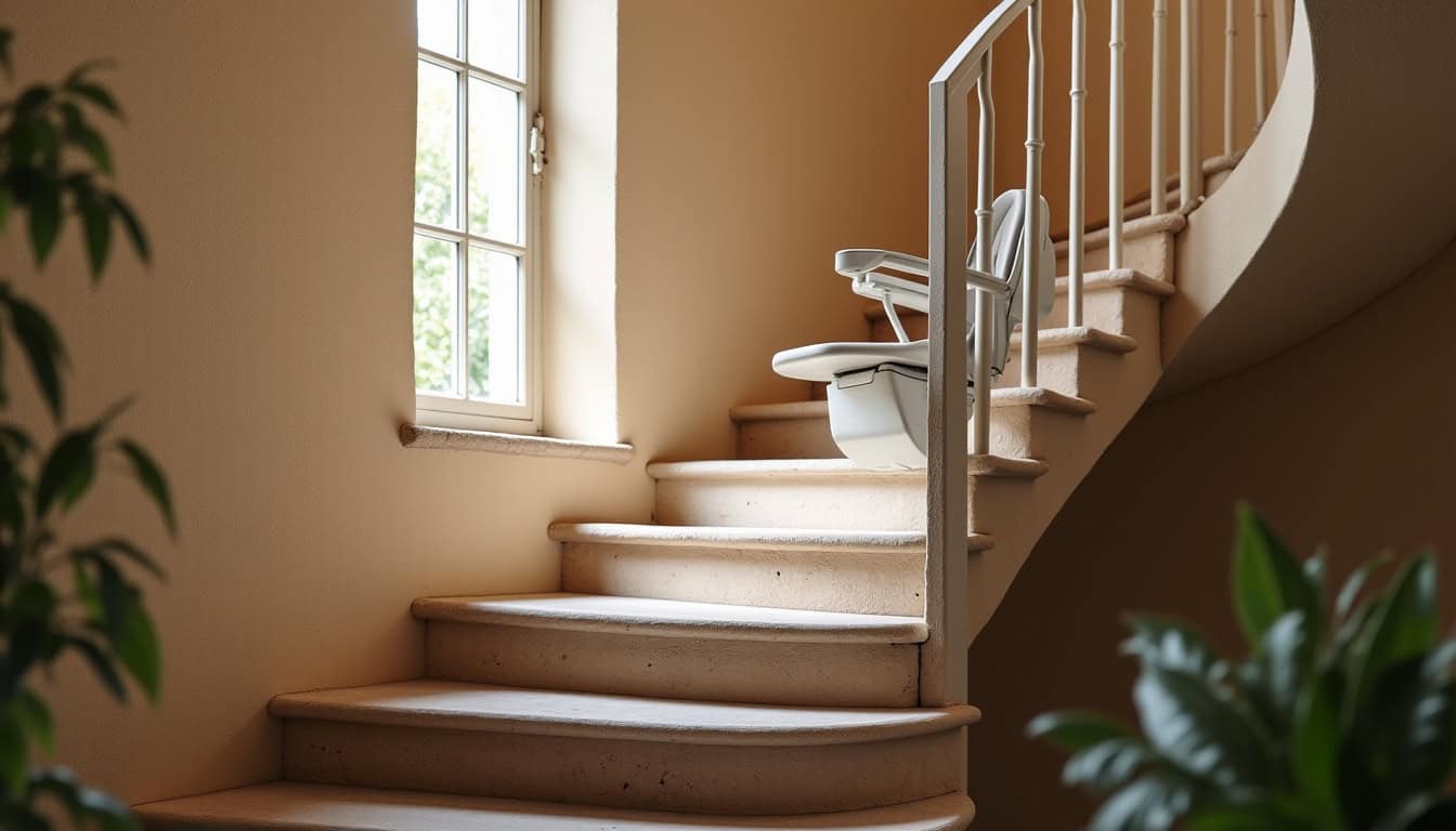 Monte-escalier installé dans une maison ancienne avec escalier en colimaçon à La Meilleraie-Tillay