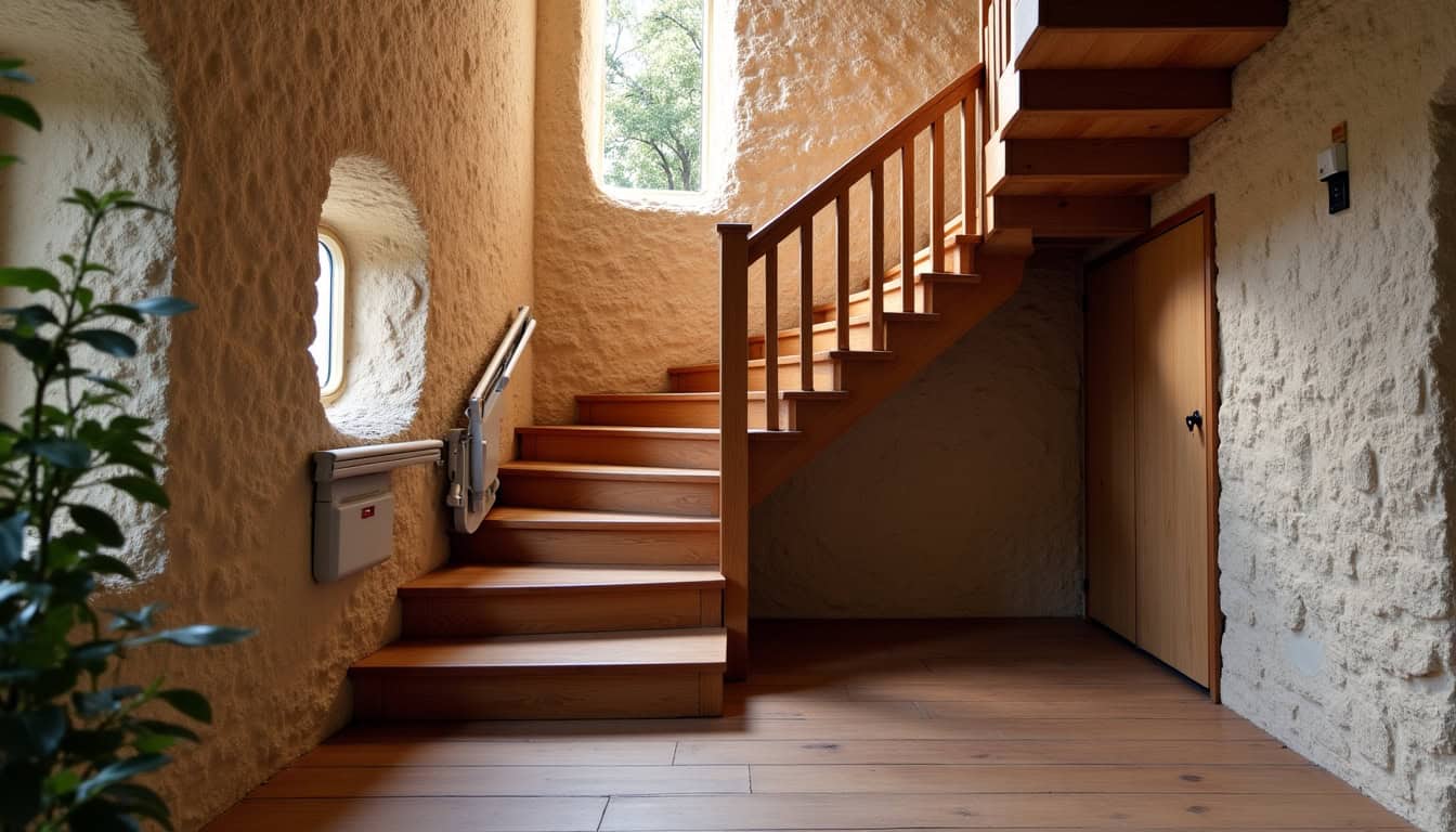 Monte-escalier installé dans une maison ancienne typique de Montsenelle, avec escalier en bois et cadre en pierre