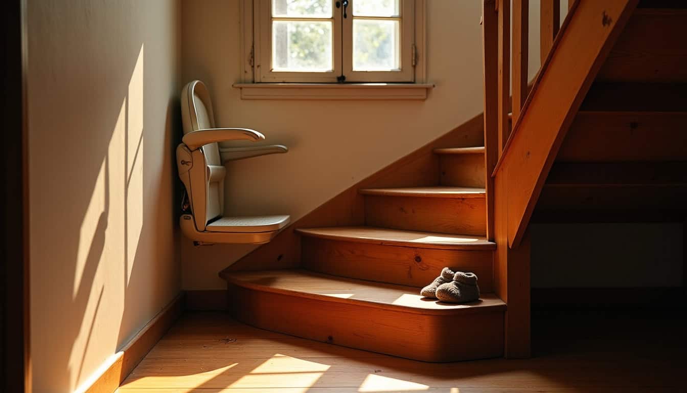 Monte-escalier installé dans une maison traditionnelle à Chouzé-sur-Loire avec escalier en bois