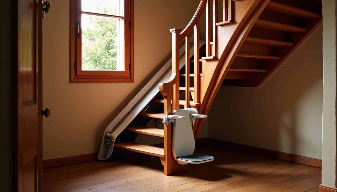 Monte-escalier installé dans une maison traditionnelle de Lorp-Sentaraille, avec escalier en bois ancien et système courbe intégré