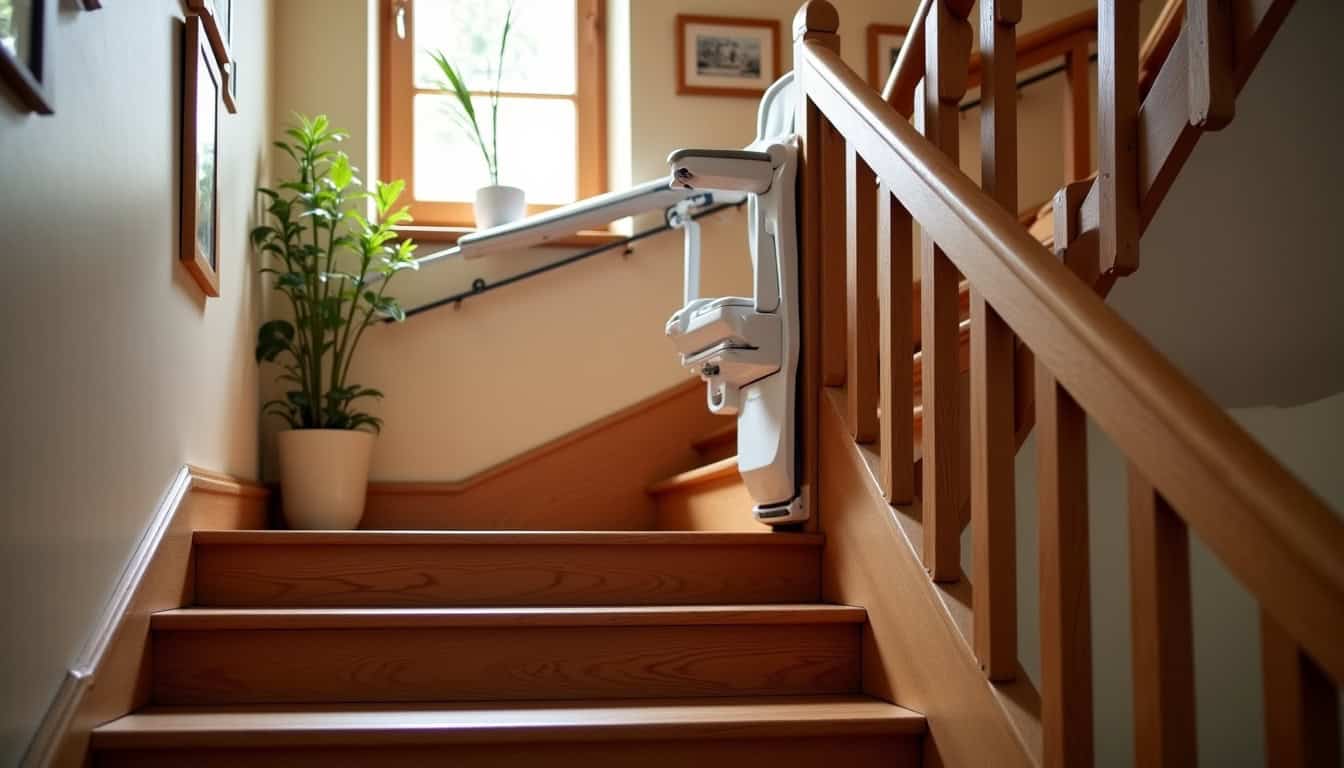 Monte-escalier installé dans une maison traditionnelle de Marquillies avec escalier en bois