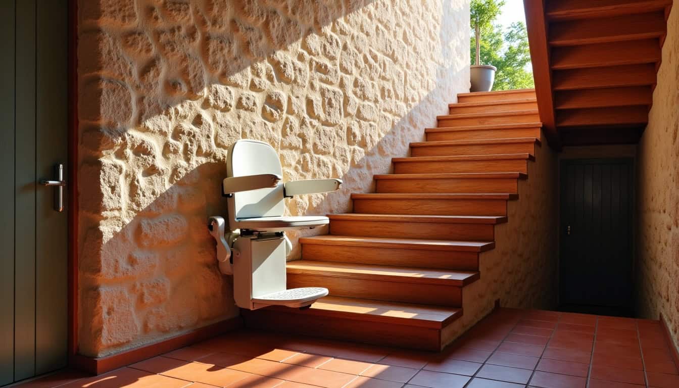 Monte-escalier installé dans une maison traditionnelle de Toussieu avec façade en pierre et toit en tuiles