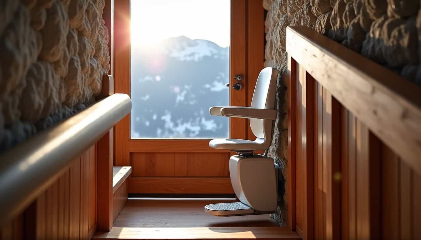 Monte-escalier installé dans une maison typique de Briançon avec vue sur les montagnes environnantes