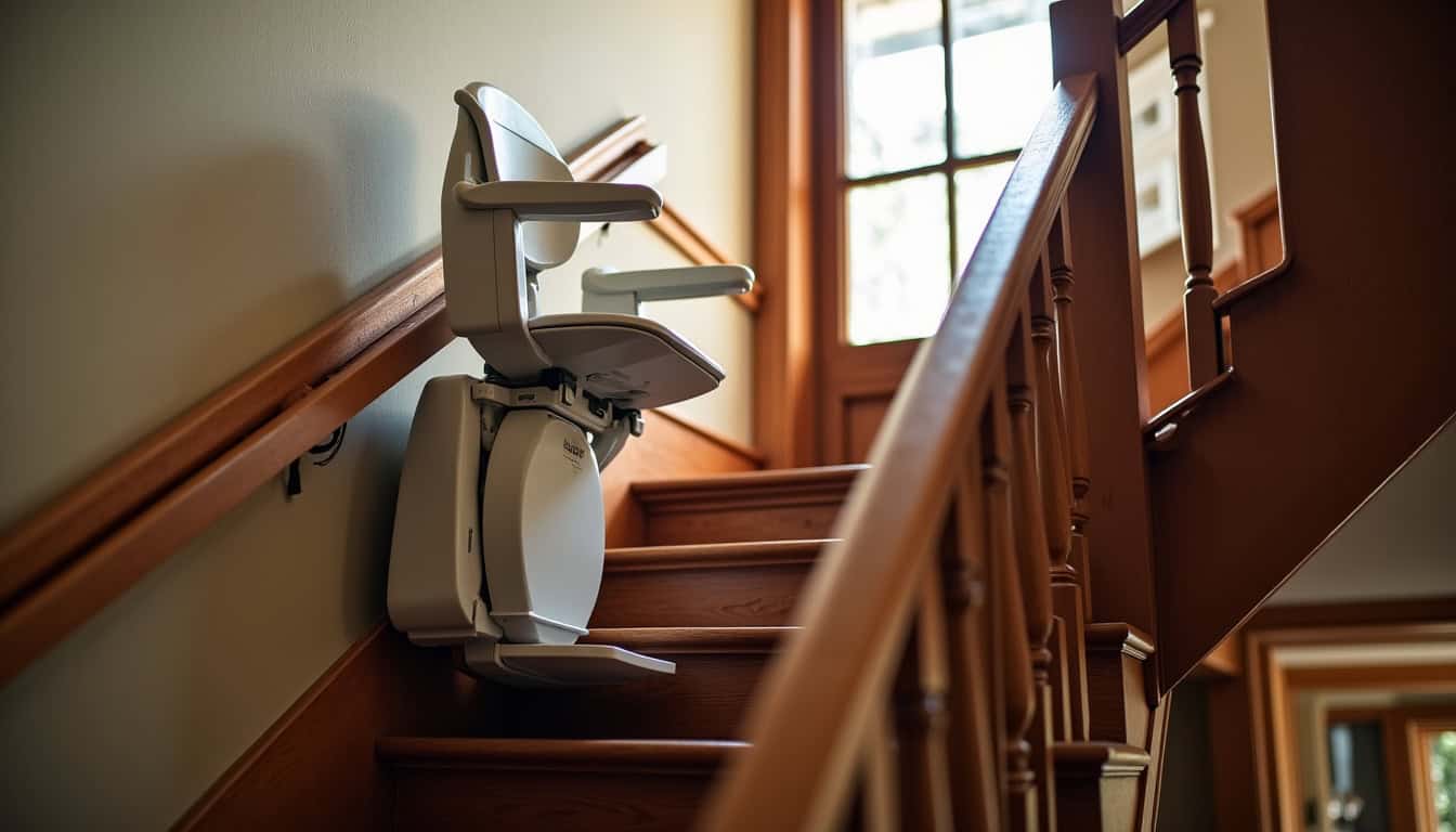 Monte-escalier installé sur un escalier ancien en bois à Saint-Maurice-Montcouronne