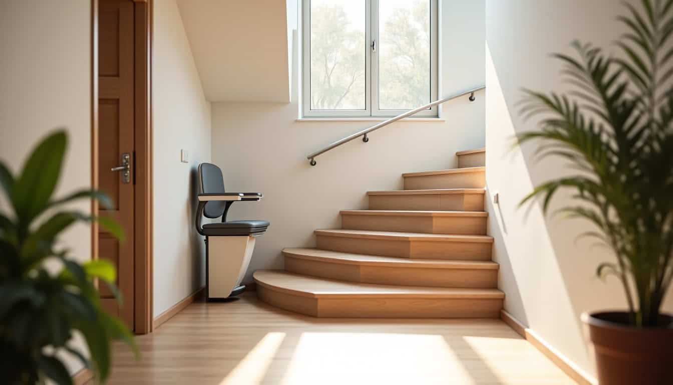 Monte-escalier installé sur un escalier avec palier à Péroy-les-Gombries