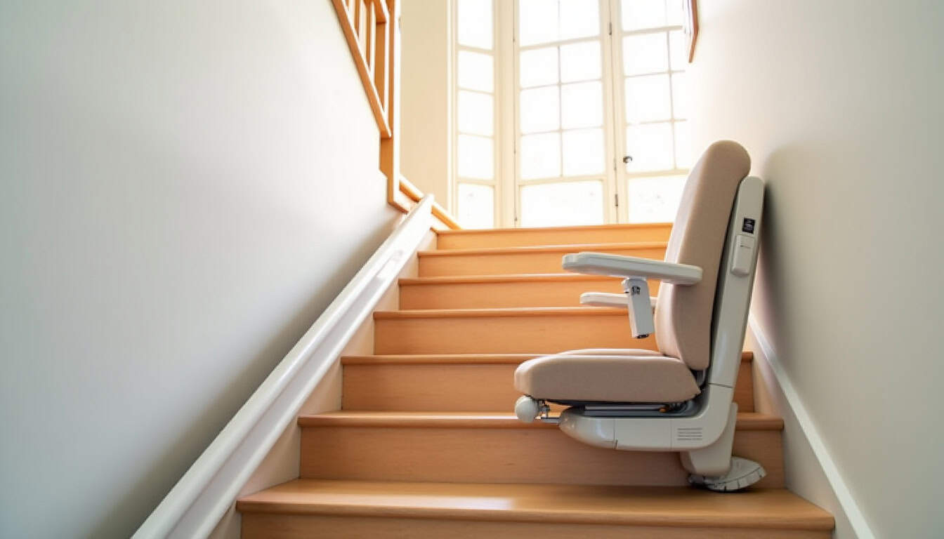 Monte-escalier installé sur un escalier droit dans une maison à Gonneville-Le Theil