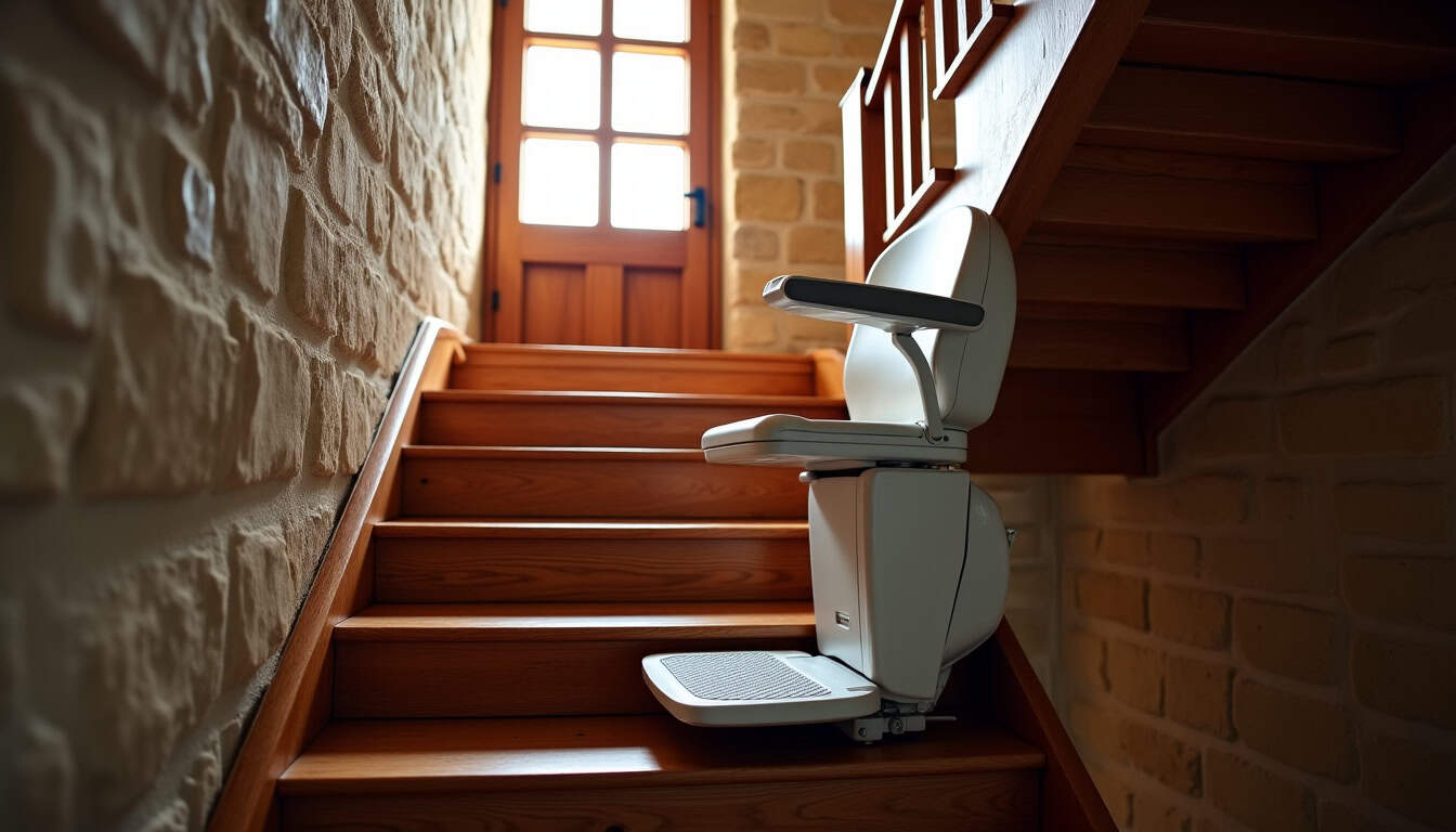 Monte-escalier installé sur un escalier droit dans une maison ancienne à Vieille-Église