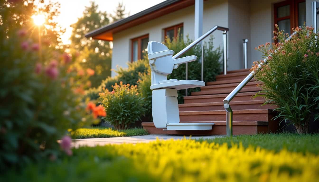 Monte-escalier installé sur un escalier extérieur à Ris-Orangis, visible depuis un jardin