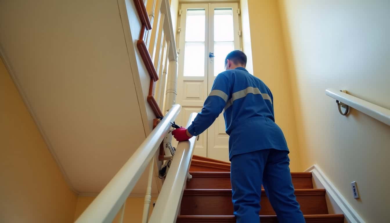 Technicien en train d'installer un monte-escalier à La Bazoche-Gouet