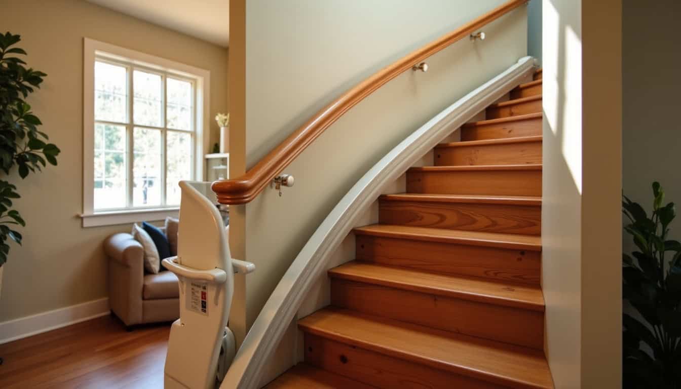Monte-escalier tournant installé dans une maison à La Biolle, avec un rail sur mesure épousant la courbe de l'escalier