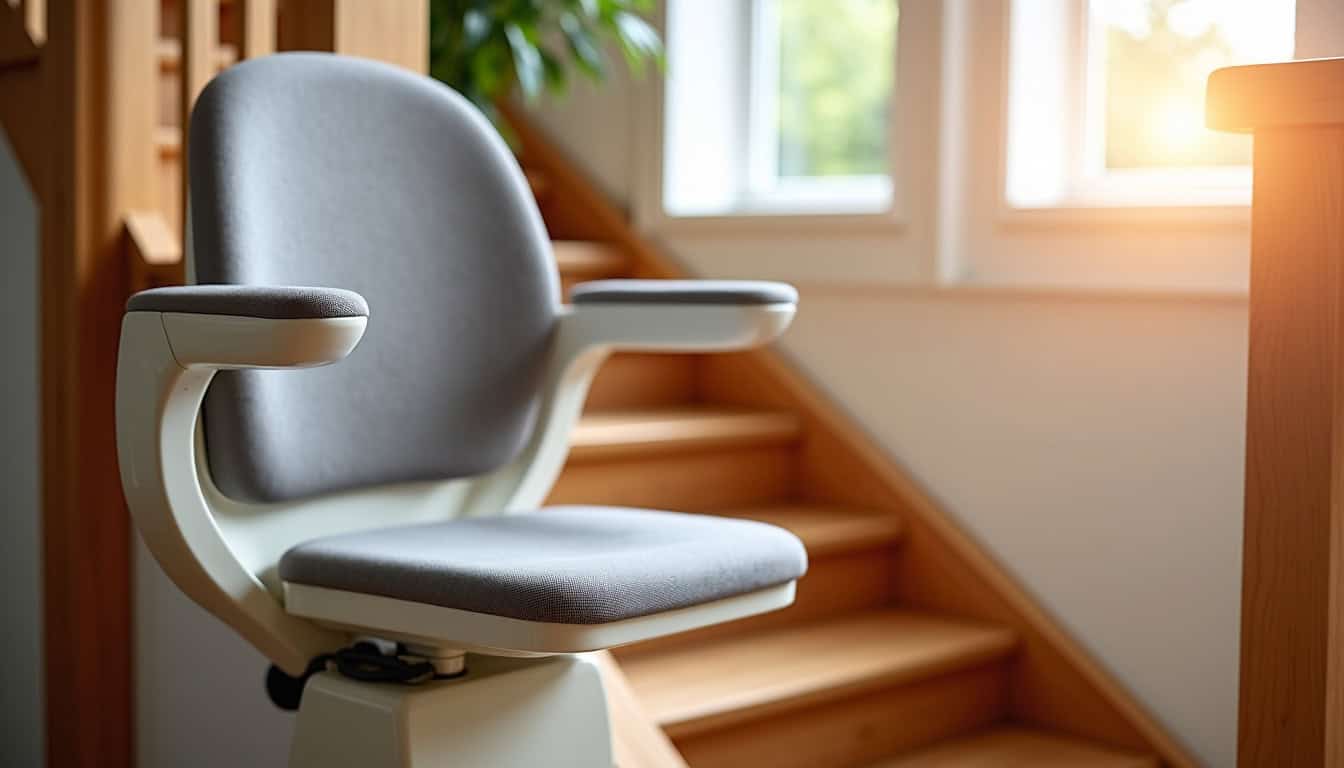 Siège de monte-escalier pivotant dans une maison à La Biolle, montrant le confort d’utilisation et les commandes à portée de main