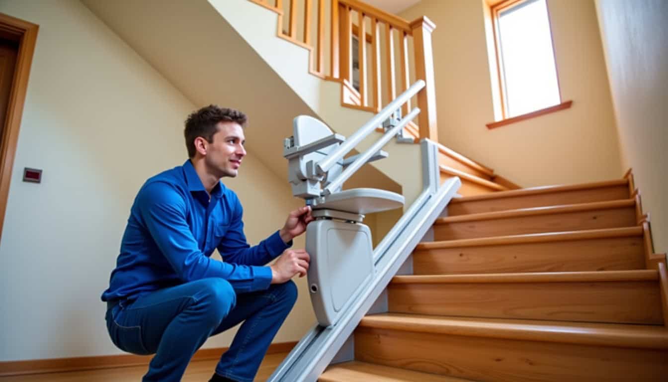 Technicien effectuant une maintenance préventive sur un monte-escalier à La Biolle