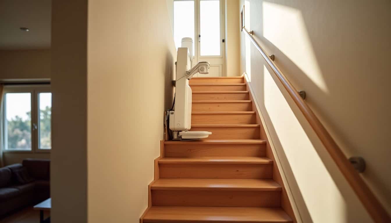 Monte-escalier droit installé sur un escalier rectiligne dans une maison à La Douze