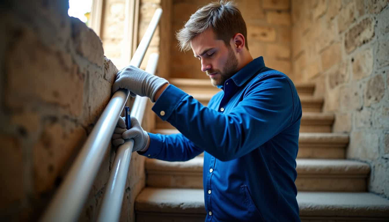 Technicien en train d'installer un monte-escalier tournant dans une maison à La Douze