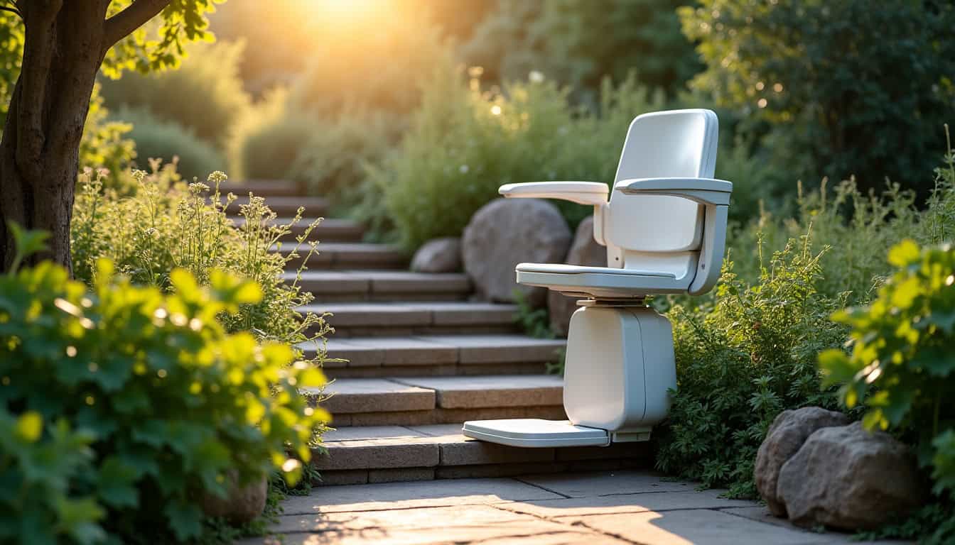 Monte-escalier extérieur installé sur un escalier menant au jardin d'une maison à La Douze