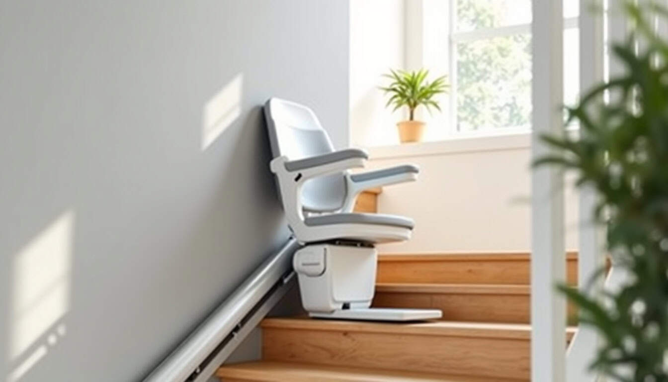 Monte-escalier replié contre le mur à l'intérieur d'une maison à La Houssaye-en-Brie