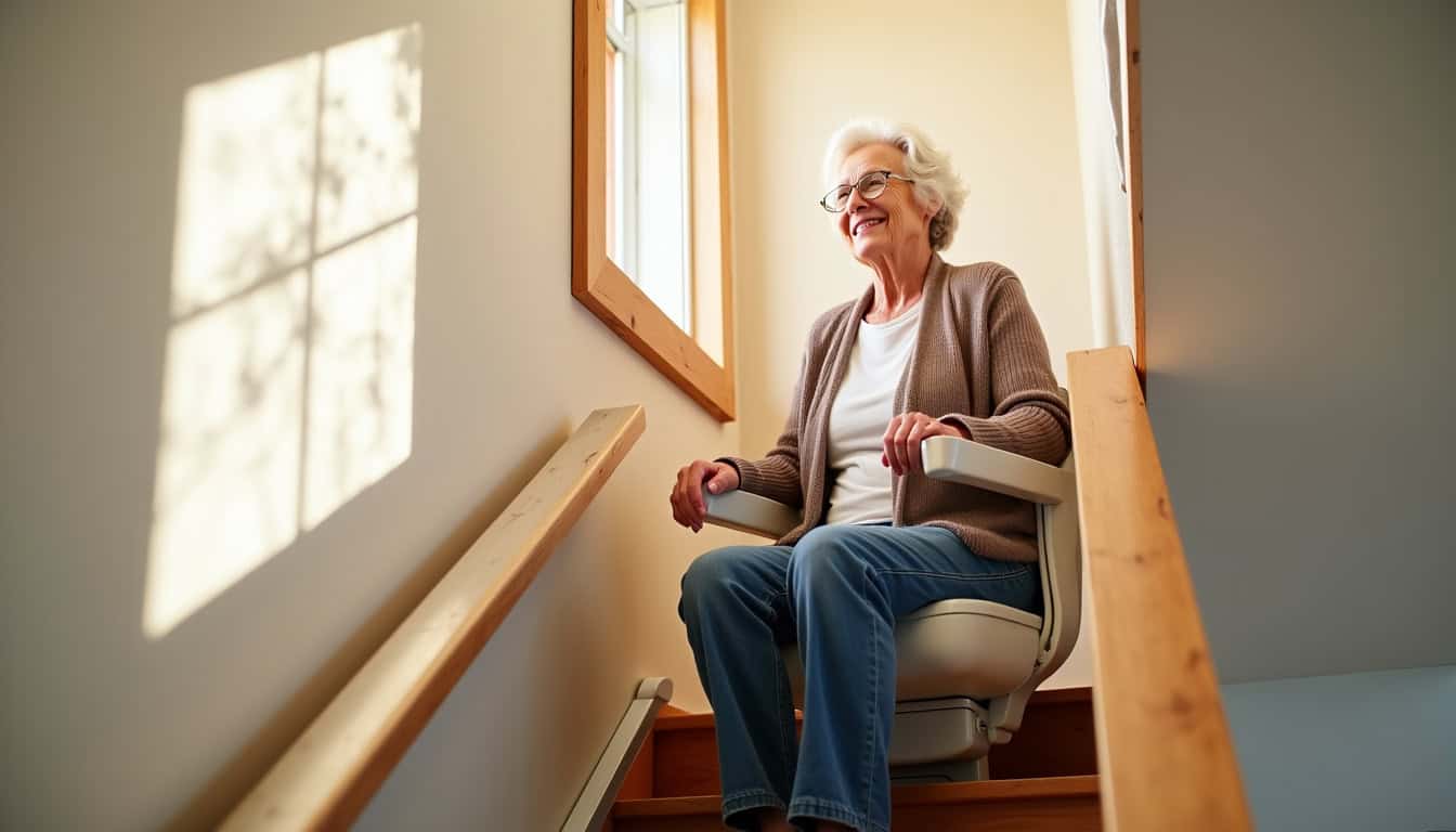 Personne âgée utilisant un monte-escalier dans une maison de Labarthe-Rivière, souriante et autonome