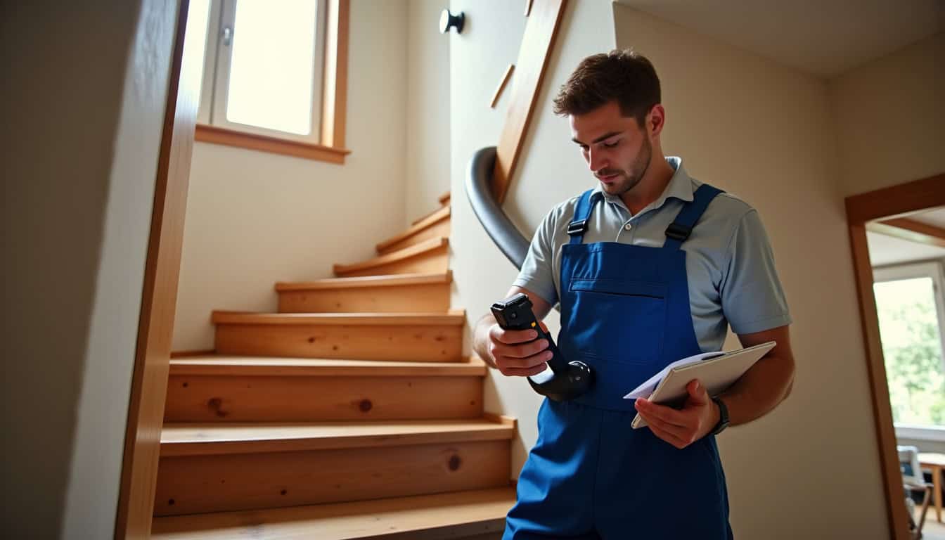 Technicien en train de prendre les mesures d'un escalier à Lacourt-Saint-Pierre