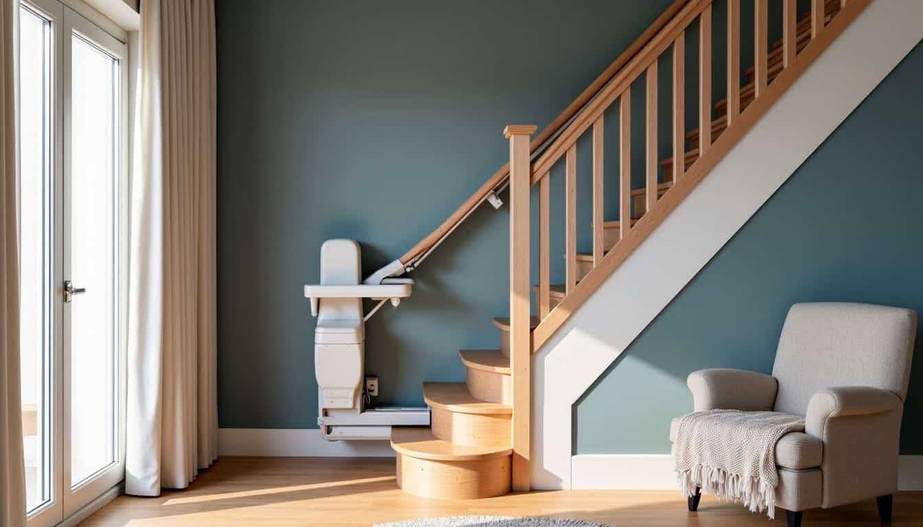 Monte-escalier installé discrètement dans un salon bretonien à Lanester, s'intégrant parfaitement au décor intérieur