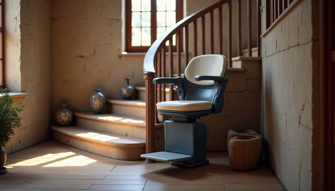 Monte-escalier tournant installé dans un escalier en colimaçon à Lanester, avec rail courbe adapté au virage