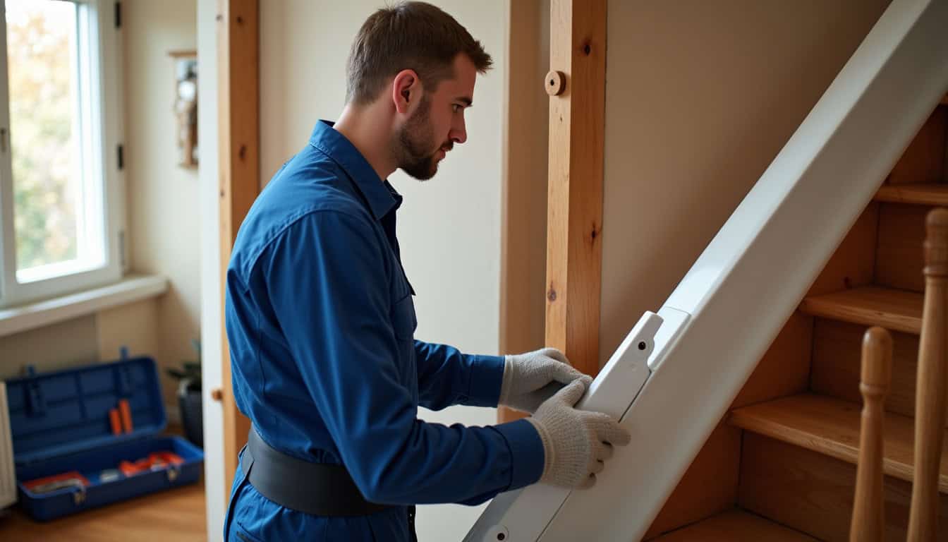 Technicien en train d'effectuer un entretien sur un monte-escalier à Lanester, avec équipement de sécurité