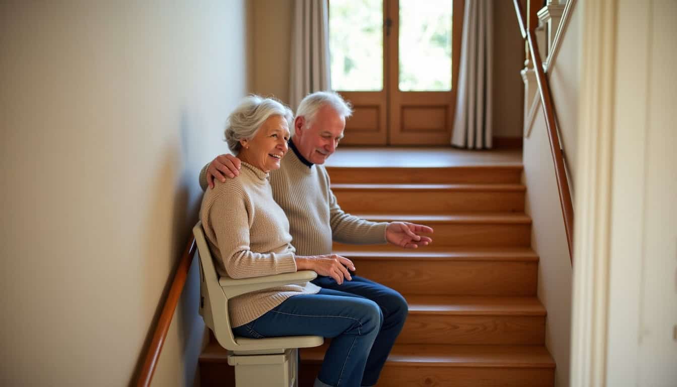 Portrait d’un couple âgé utilisant un monte-escalier dans sa maison de Lapeyrouse-Fossat