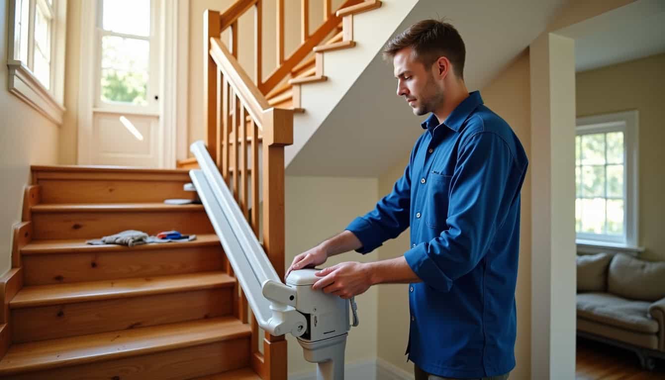 Technicien en train d’installer un monte-escalier dans une maison de Lay-Saint-Christophe